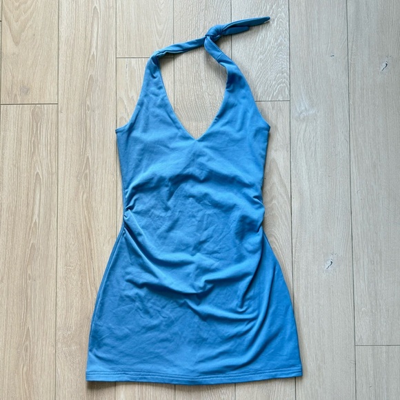 VTG 90s GUESS Bodycon Halter Neck Mini Dress Size Small Blue - Picture 1 of 11